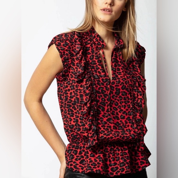 Zadig & Voltaire Tops - Zadig & Voltaire Tibo Print Leopard Ruffle Red Black Sleeveless Tassel Size S